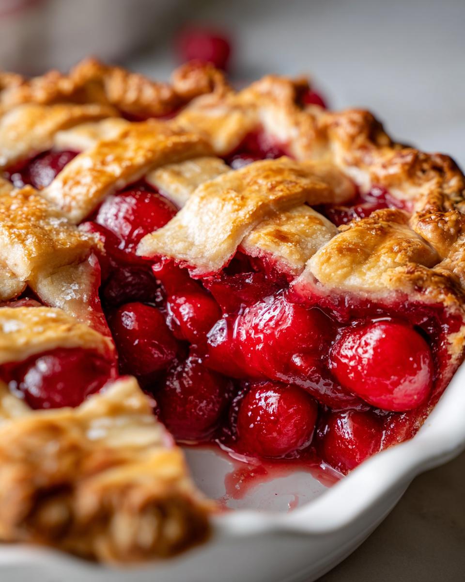 Close-up of a slice missing from a homemade cherry pie with a lattice crust and juicy cherry filling.