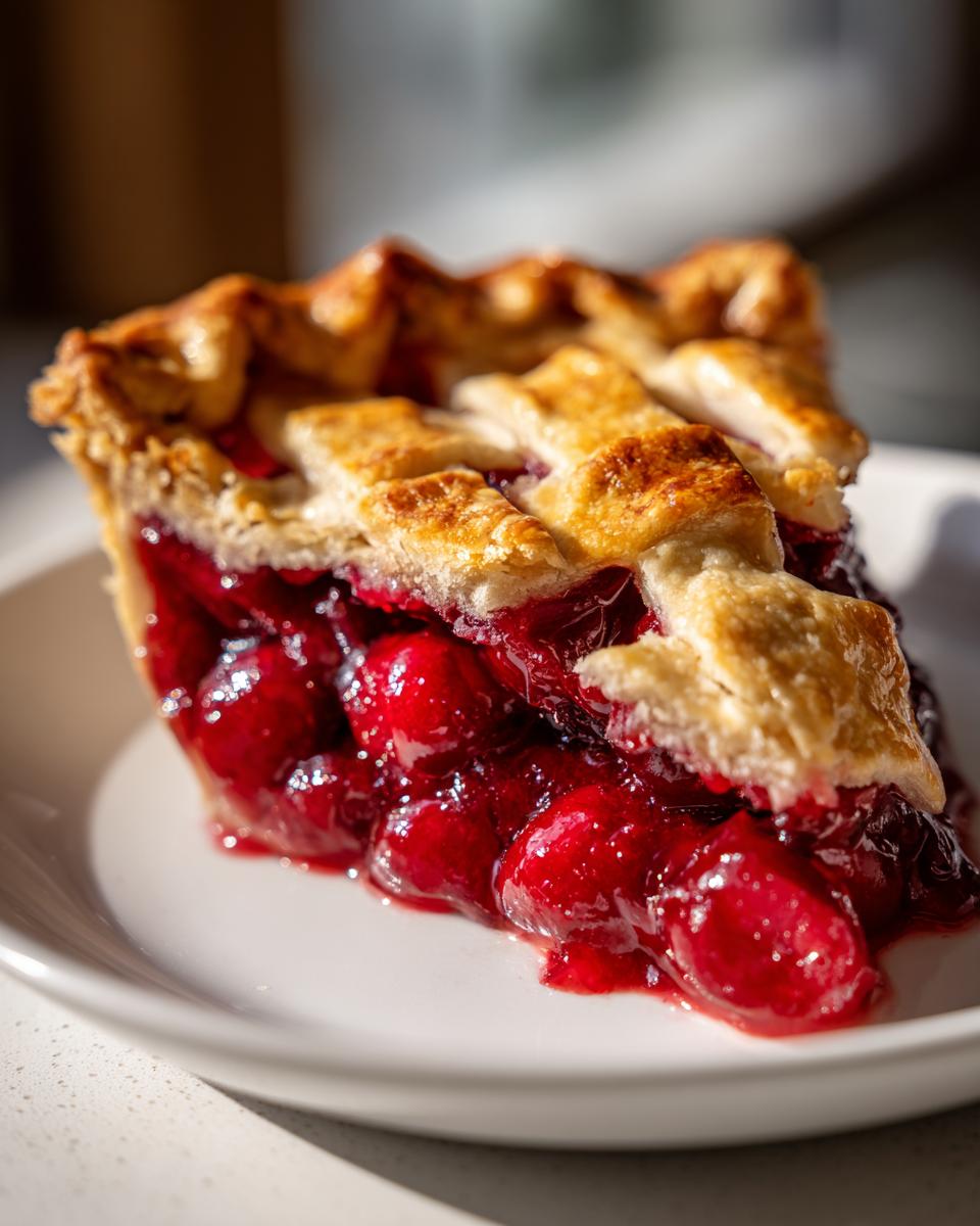 A delicious slice of cherry pie with a golden lattice crust on a white plate, showcasing the juicy cherry filling.