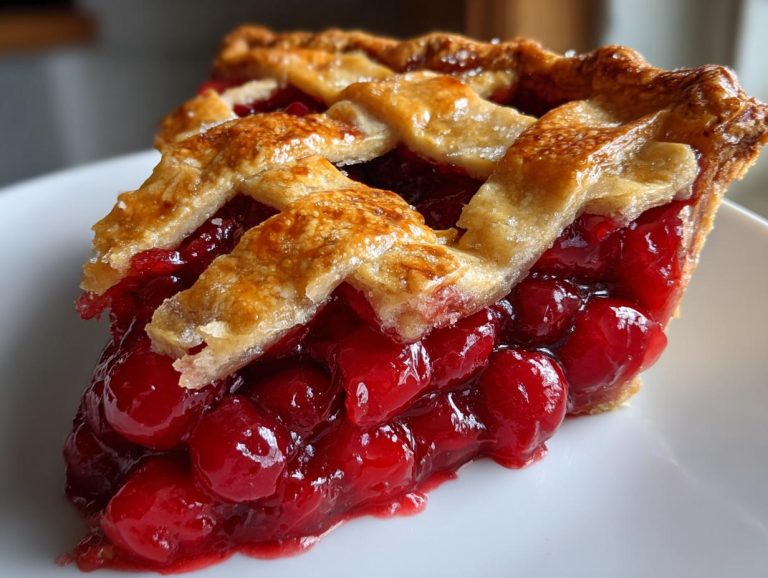 A delicious slice of cherry pie with a lattice crust, filled with juicy cherries.