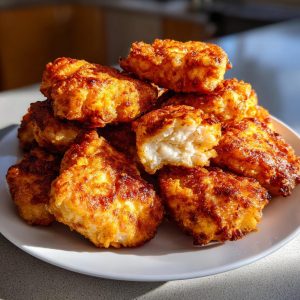 A pile of golden brown, crispy Chick-fil-A nuggets copycat on a white plate. One nugget is broken in half showing the juicy interior.