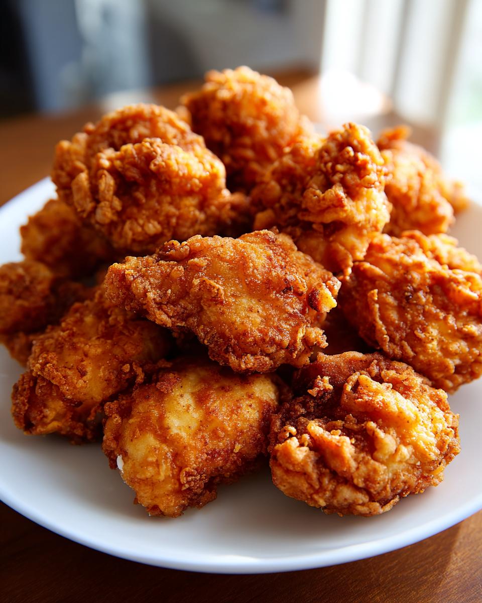 A pile of golden brown, crispy Chick-fil-A nuggets copycat on a white plate.
