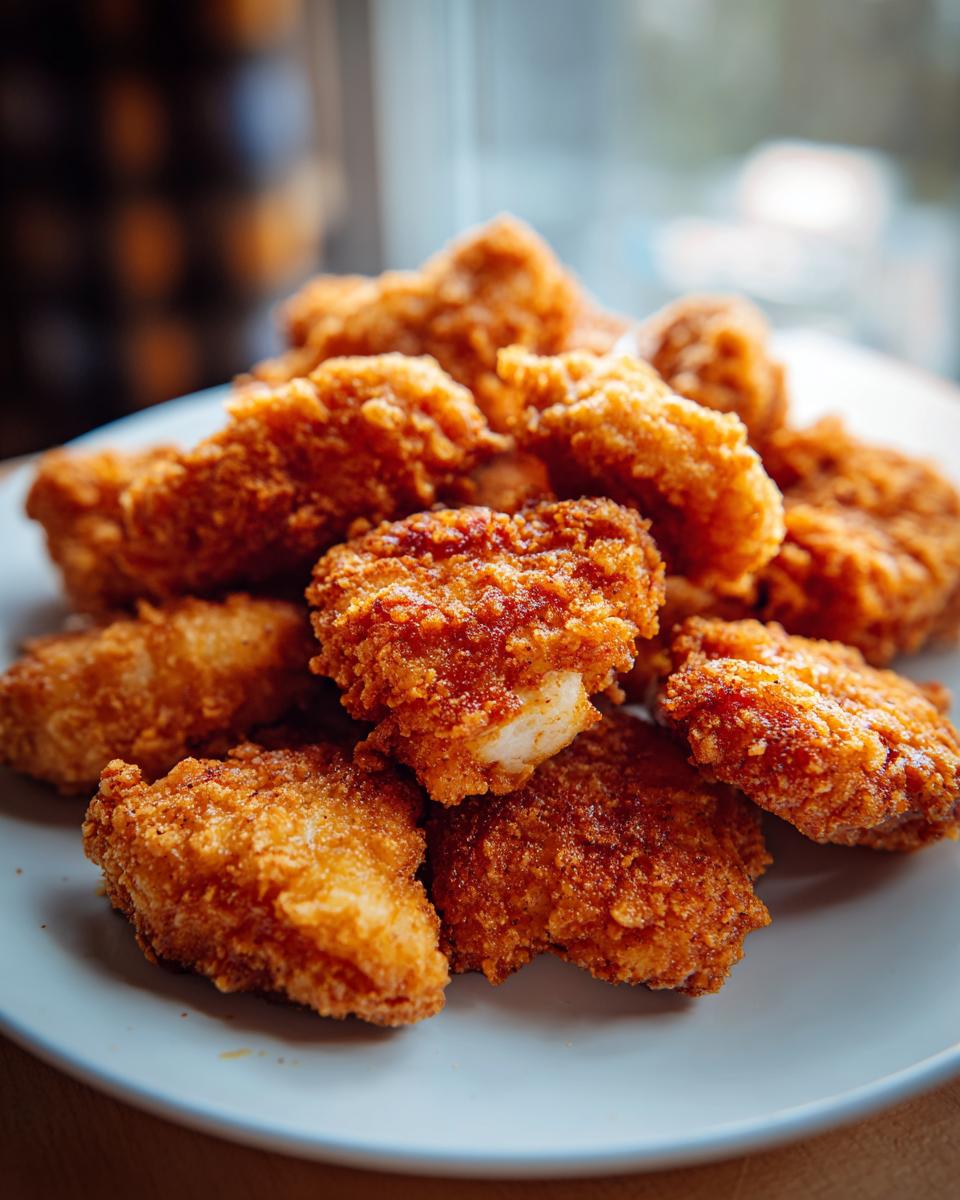 A pile of golden brown, crispy Chick-fil-A nuggets copycat on a light blue plate.