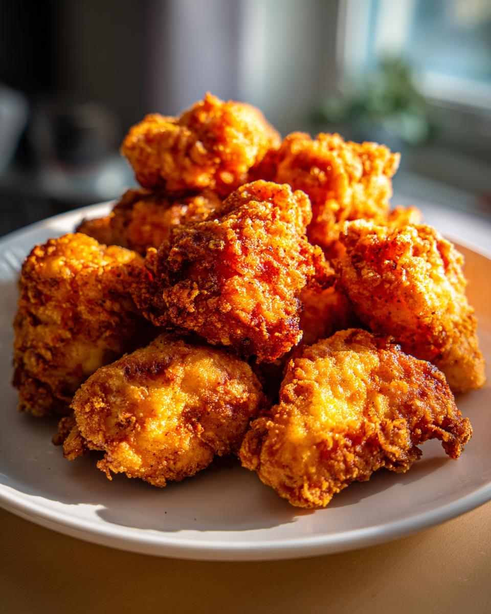 A pile of golden brown, crispy Chick-fil-A nuggets copycat on a white plate.