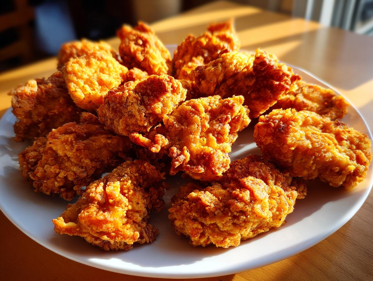 A plate full of golden brown, crispy Chick-fil-A nuggets copycat recipe.