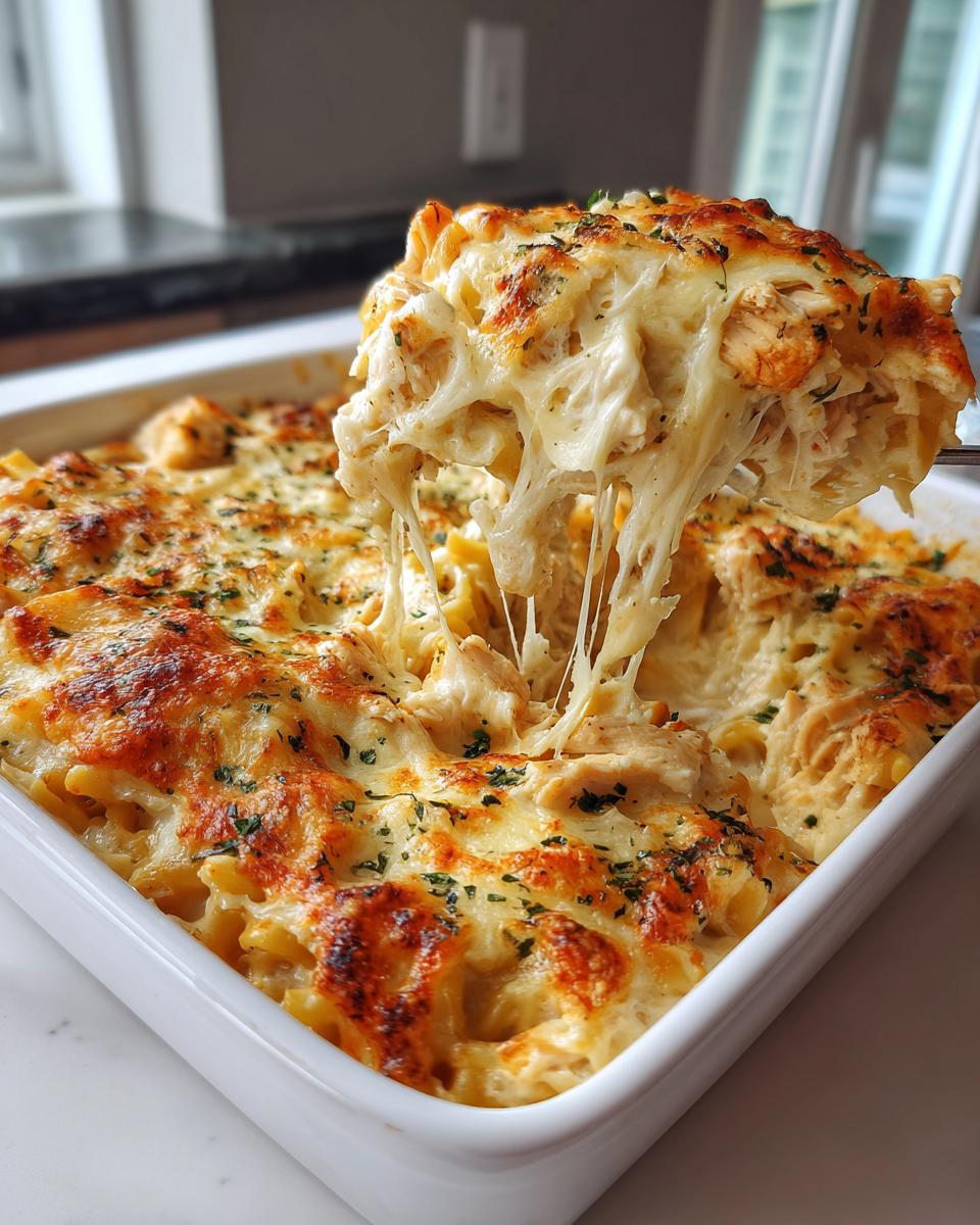 A serving spoon lifts a generous portion of creamy Chicken Alfredo Bake, showcasing melted, gooey cheese strings and golden-brown pasta.