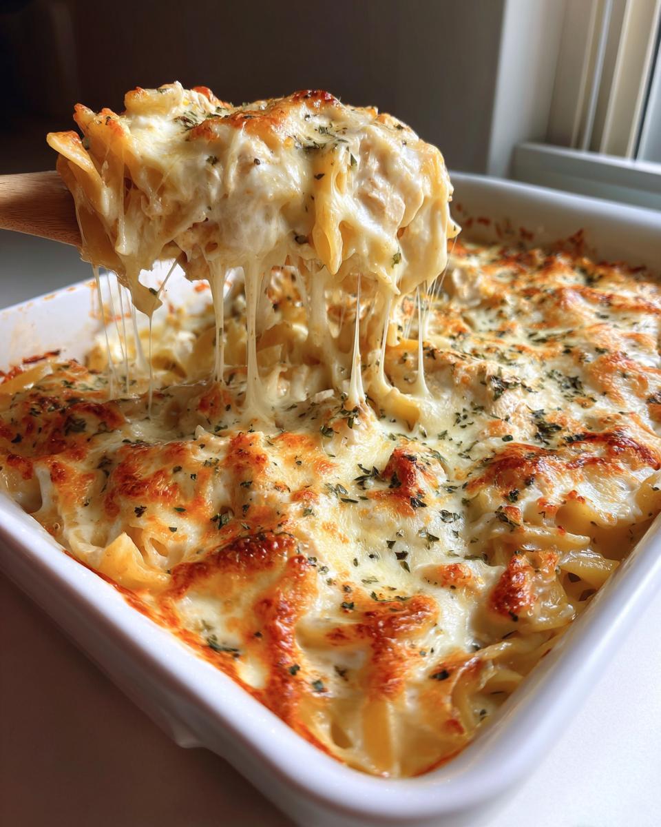 A serving spoon lifting a portion of creamy Chicken Alfredo Bake, showing strings of melted cheese.