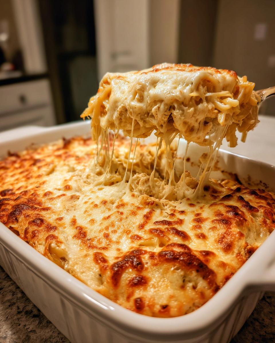 A serving spoon lifts a cheesy portion of Chicken Alfredo Bake, showcasing melted, stretchy cheese.