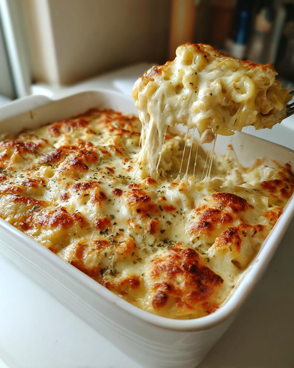 A serving spoon lifts a portion of creamy Chicken Alfredo bake, showing long strands of melted cheese.