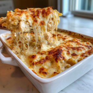 A spoonful lifting a cheesy portion of Chicken Alfredo Bake, showing gooey melted cheese strands.