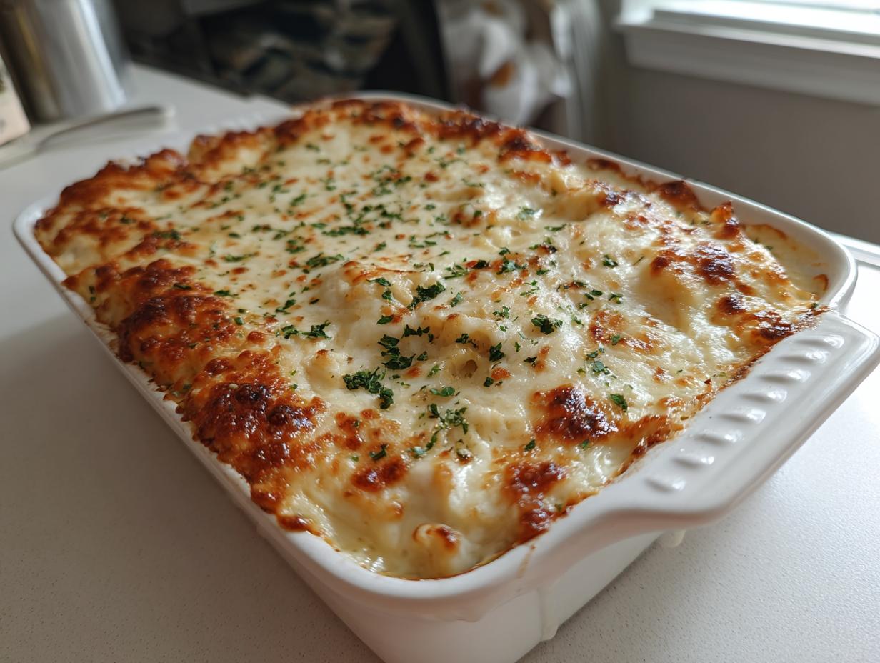 A golden brown, bubbly Chicken Alfredo Bake topped with melted cheese and parsley in a white baking dish.