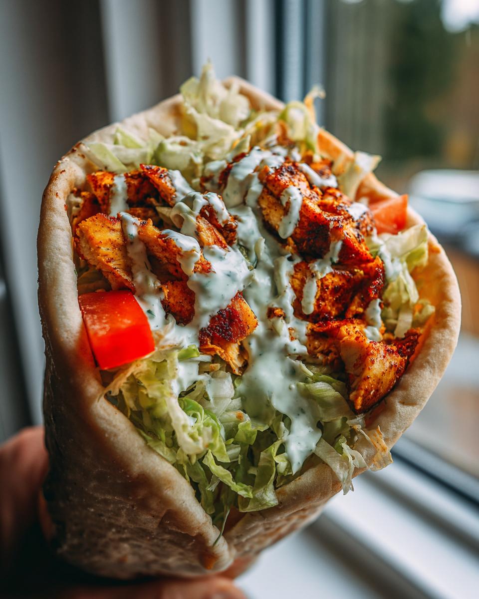 A close-up of a Chicken Shawarma Wrap filled with chicken, lettuce, tomato, and a creamy sauce.