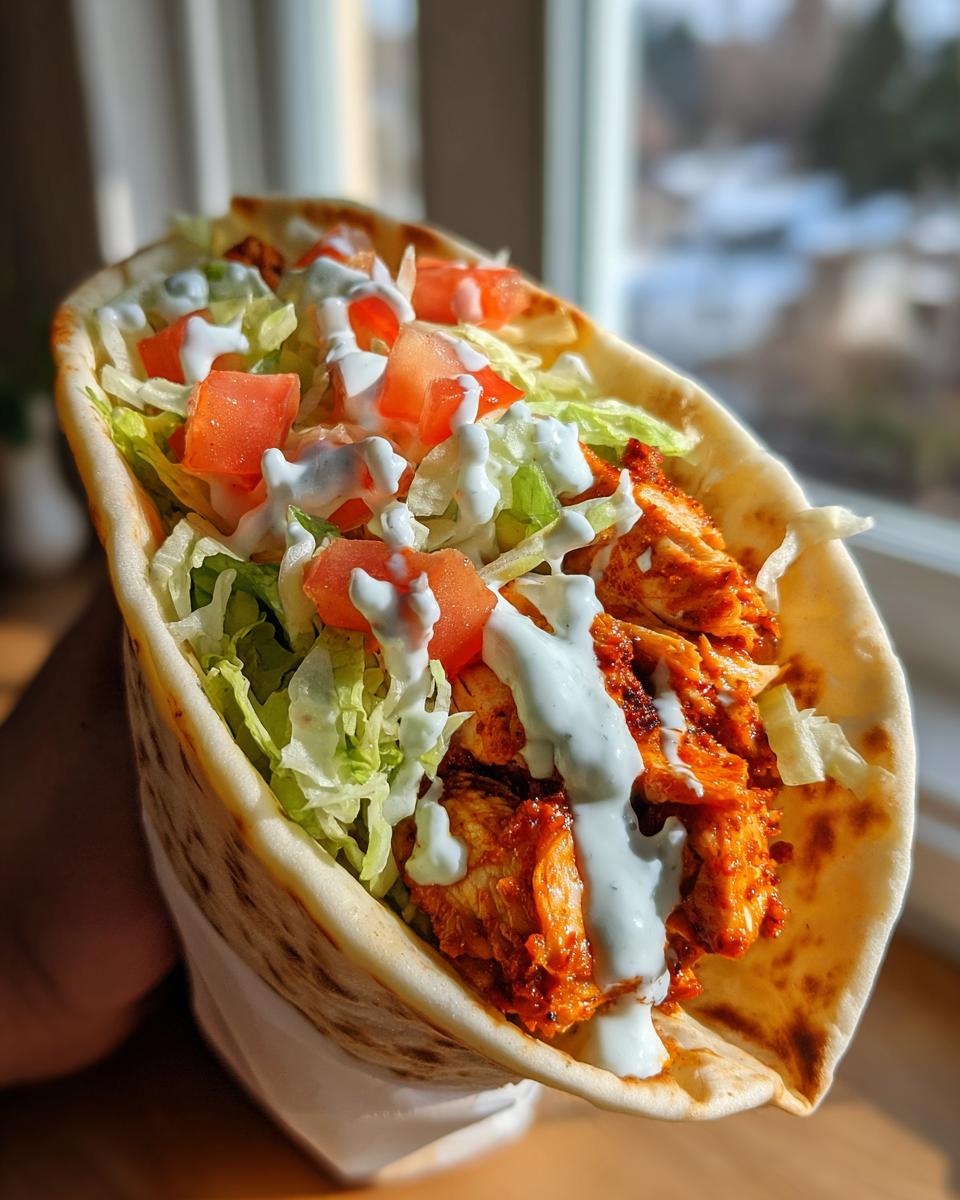 A close-up of a Chicken Shawarma Wrap filled with chicken, lettuce, tomatoes, and a creamy sauce.