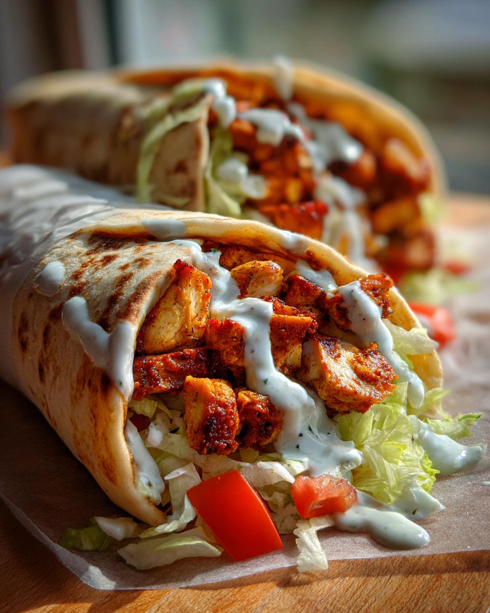 Two Chicken Shawarma Wraps filled with chicken, lettuce, tomato, and a creamy white sauce.