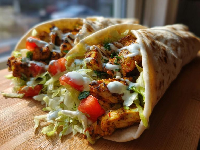 Two Chicken Shawarma Wraps filled with chicken, lettuce, tomatoes, and a creamy white sauce.