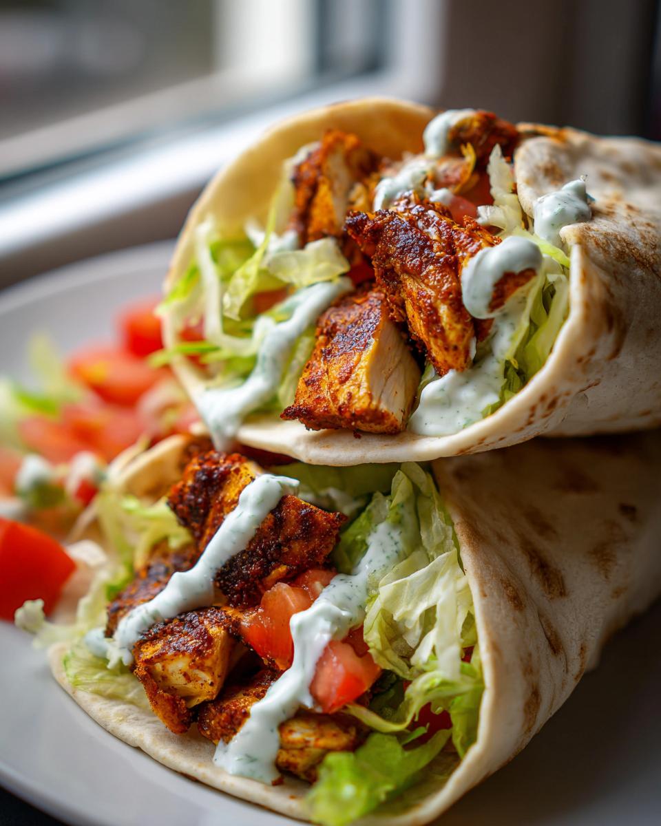 Two Chicken Shawarma Wraps stacked, filled with lettuce, tomato, and tzatziki sauce.