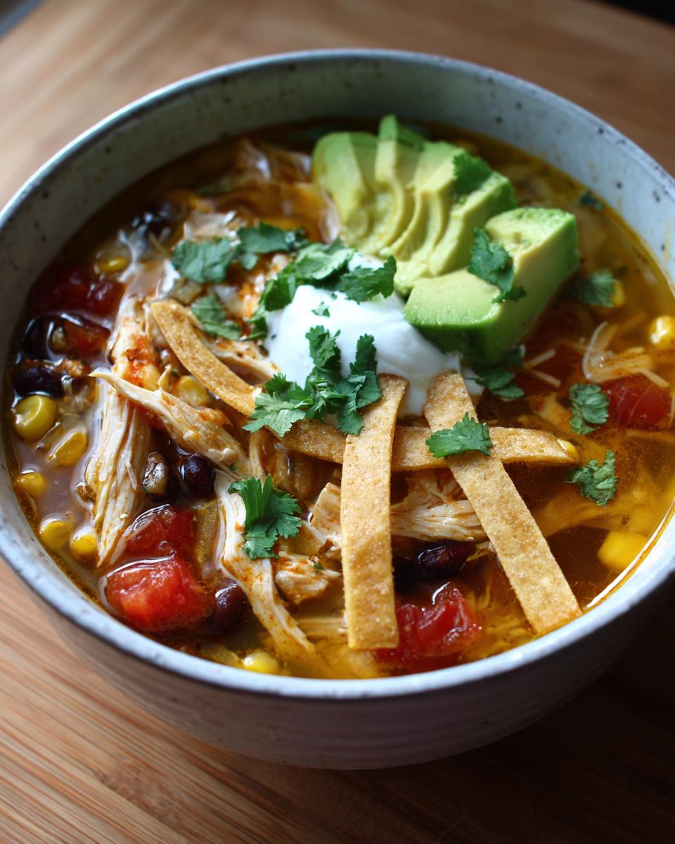 A close-up of a bowl of savory chicken tortilla soup, topped with avocado slices, sour cream, tortilla strips, and fresh cilantro.