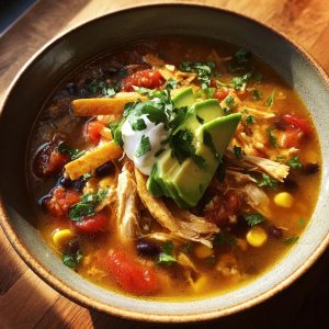 A close-up of a hearty bowl of chicken tortilla soup, topped with avocado, sour cream, and cilantro.
