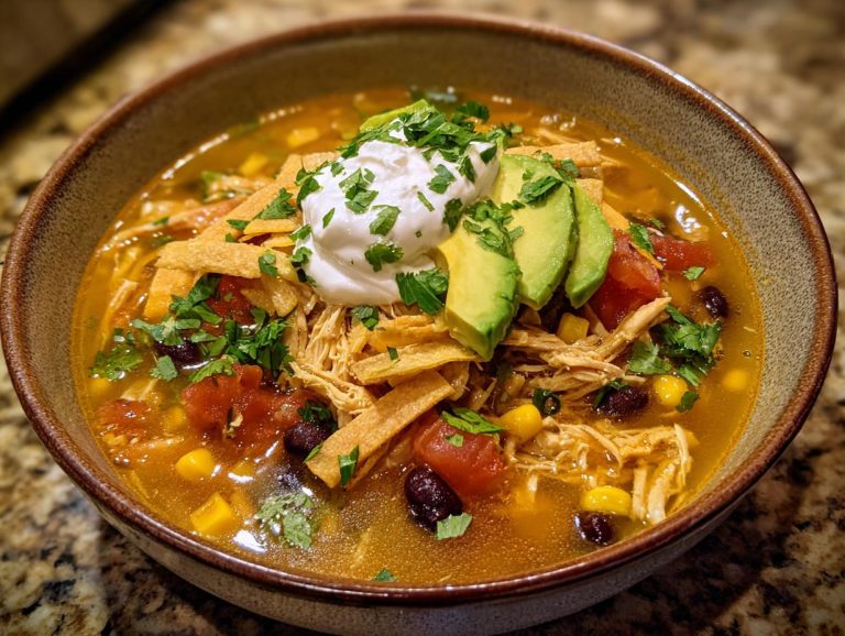 A close-up of a bowl of savory chicken tortilla soup, topped with sour cream, avocado slices, tortilla strips, and cilantro.