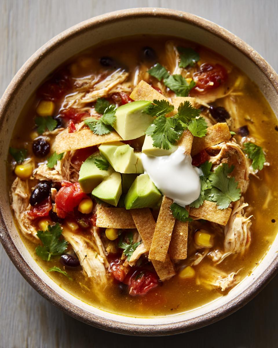 A close-up of a bowl of savory chicken tortilla soup, topped with avocado, tortilla strips, sour cream, and cilantro.