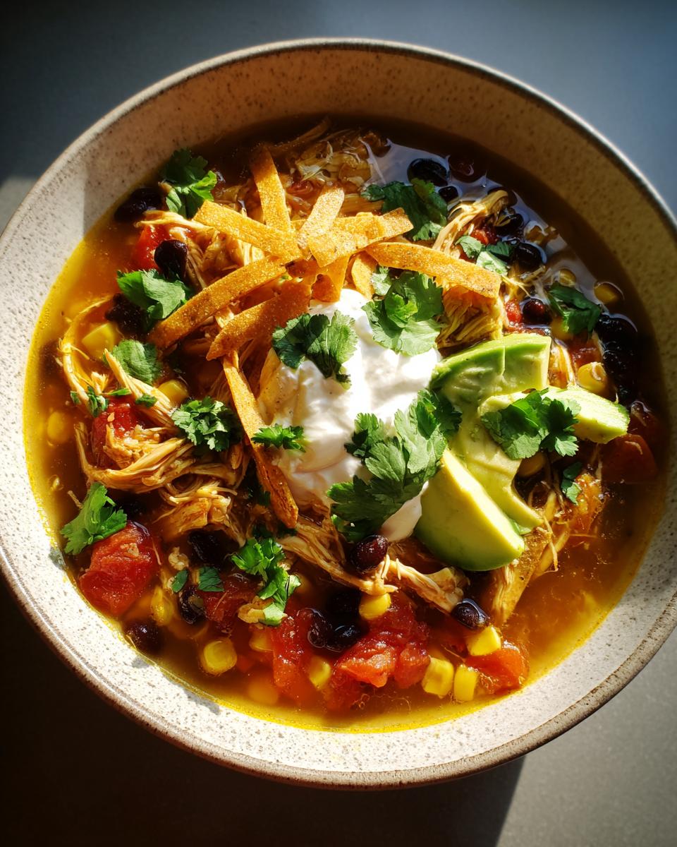 A close-up of a bowl of savory chicken tortilla soup topped with avocado, sour cream, cilantro, and tortilla strips.