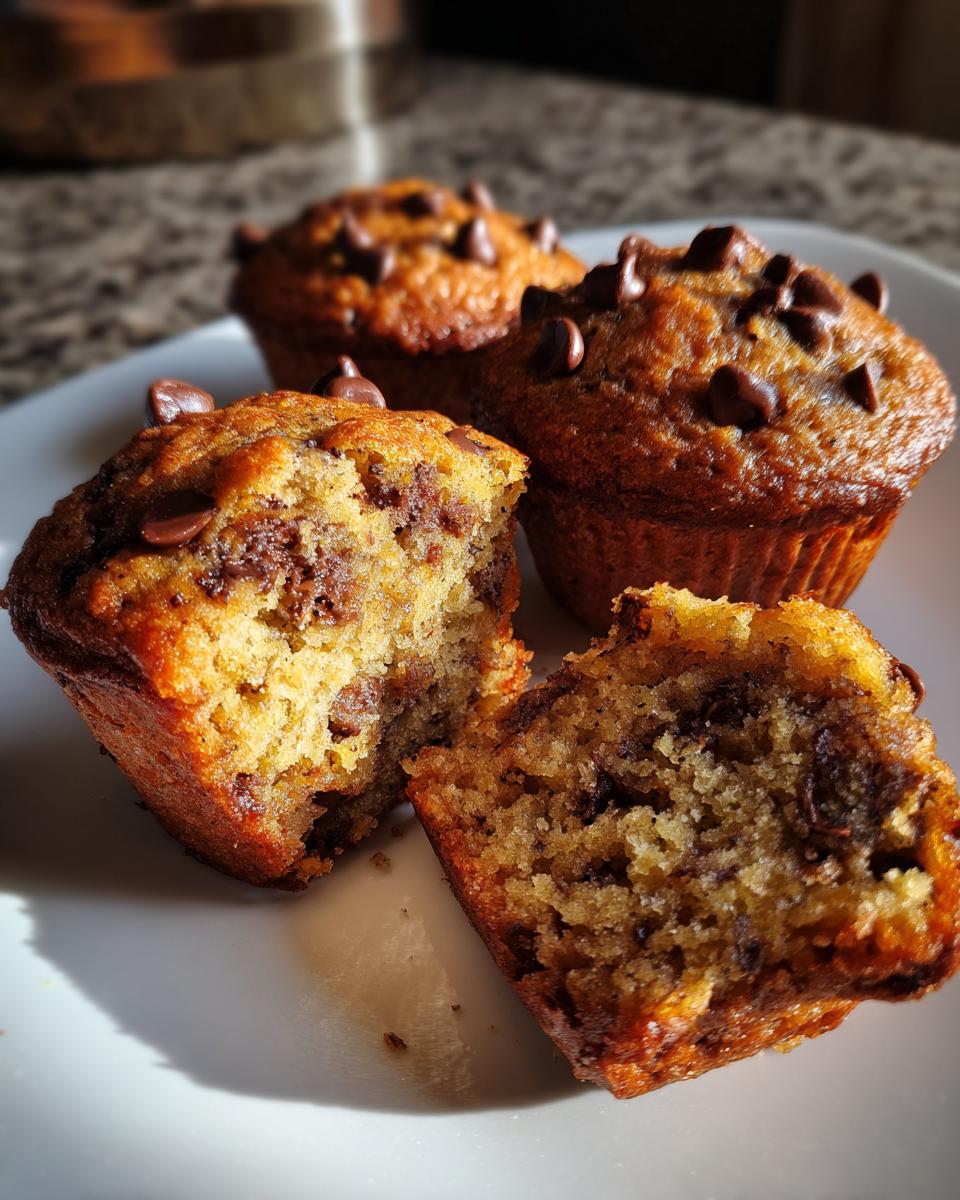 Three chocolate chip banana muffins on a white plate, one muffin is split in half to show the inside texture.