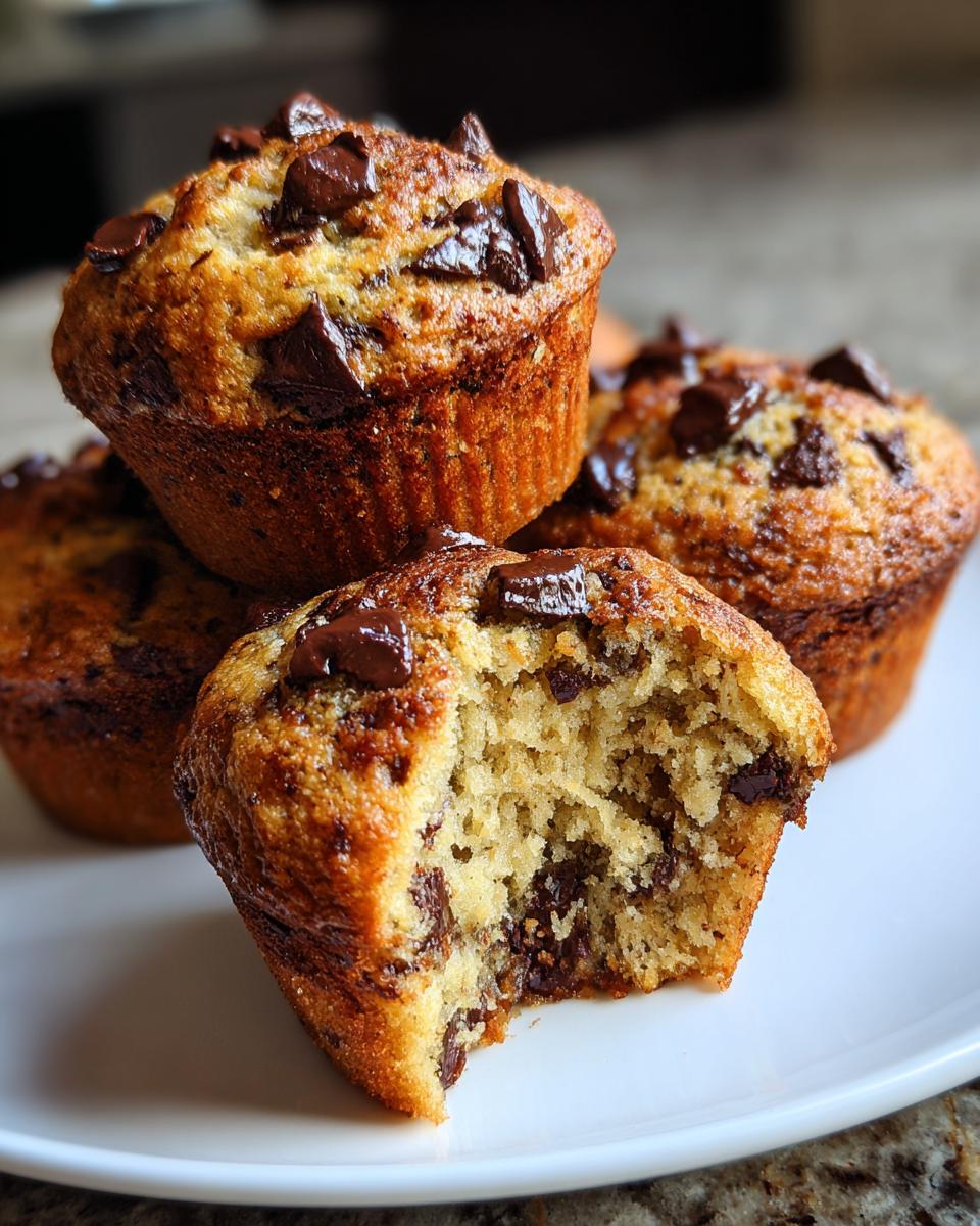 A stack of moist chocolate chip banana muffins, one with a bite taken out to show the inside.