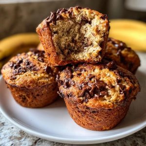 A stack of freshly baked chocolate chip banana muffins, one with a bite taken out, showing the soft interior.