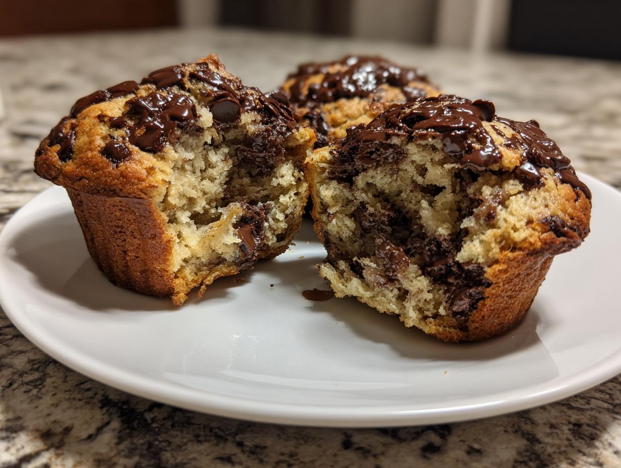 Close-up of chocolate chip banana muffins, one split open to show the moist interior.