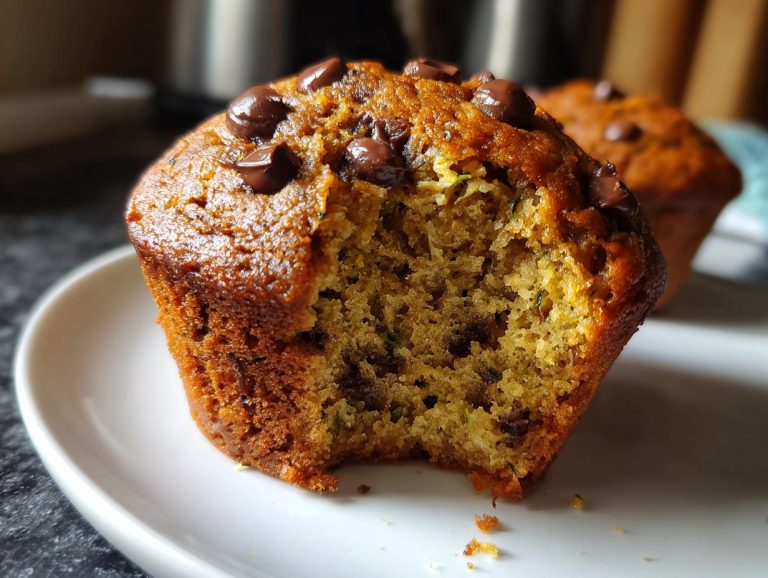 A partially eaten chocolate chip zucchini muffin on a white plate, showing the moist interior.