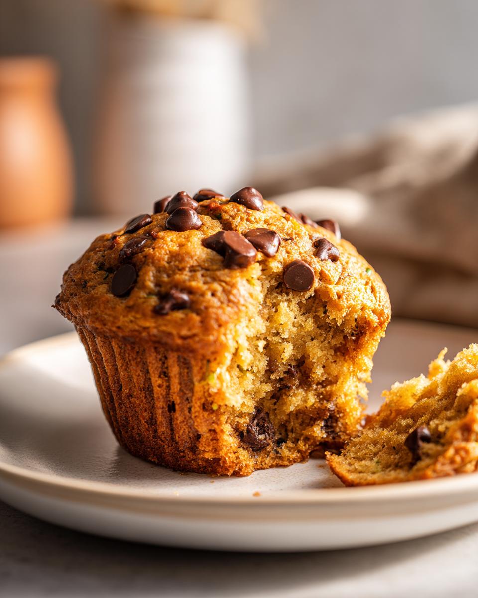 A partially eaten chocolate chip zucchini muffin on a plate, showcasing its moist texture.