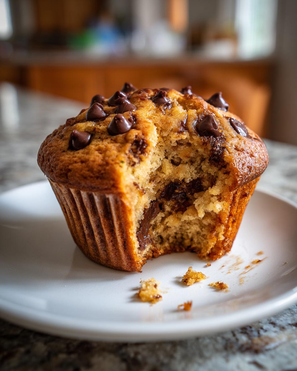 A partially eaten chocolate chip zucchini muffin on a white plate, showing the moist interior.
