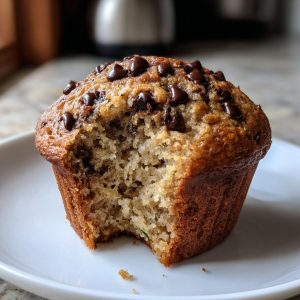 A partially eaten chocolate chip zucchini muffin on a white plate, showcasing its moist texture.