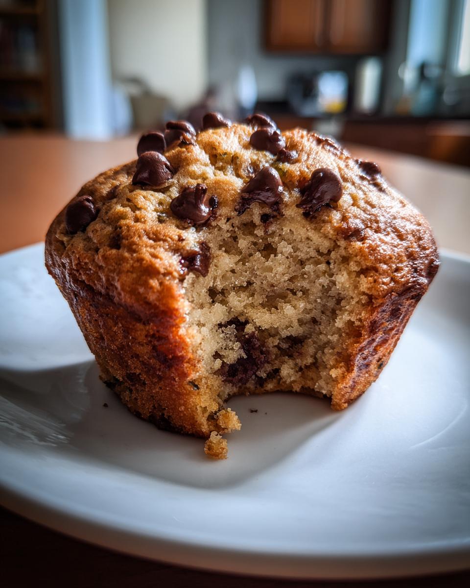 A chocolate chip zucchini muffin on a white plate with a bite taken out of it.