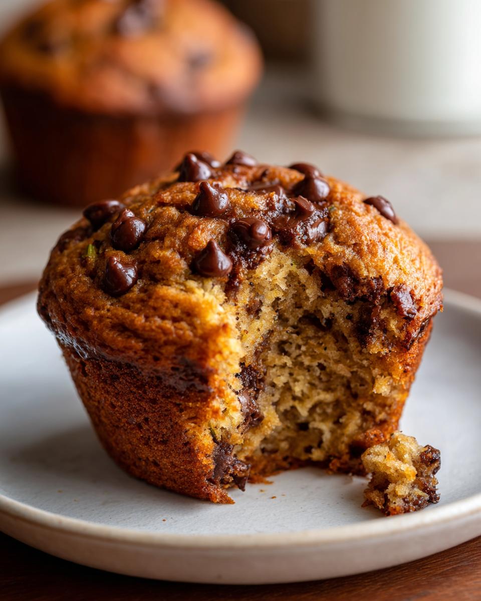 Close-up of a chocolate chip zucchini muffin with a bite taken out, showing the moist interior.