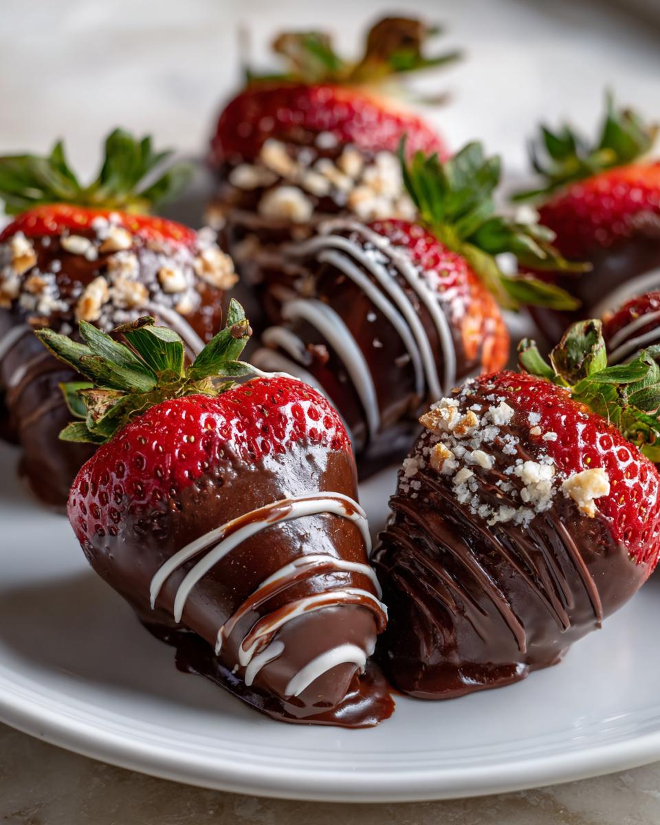 Close-up of Chocolate Covered Strawberries, some drizzled with white chocolate and others with nut toppings.