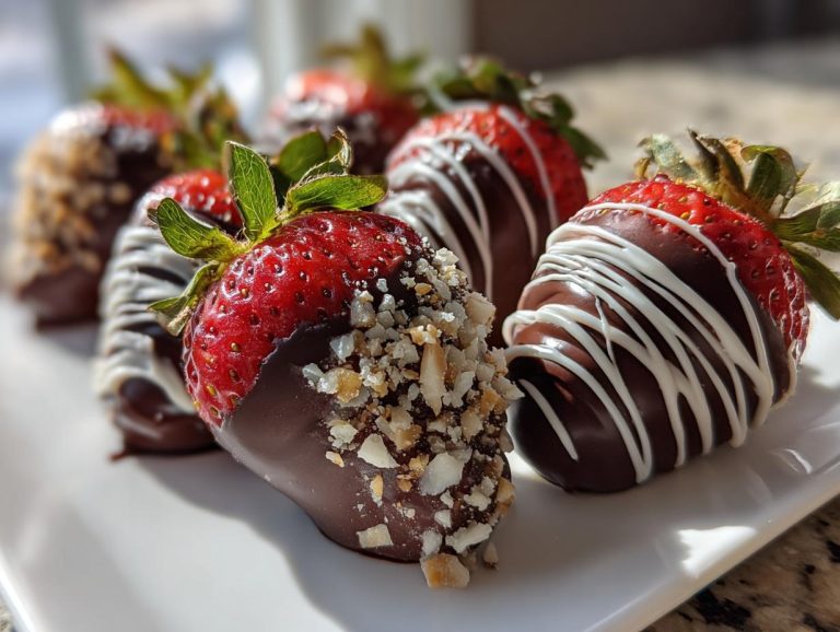 Close-up of chocolate covered strawberries with nuts and white chocolate drizzle on a white plate.