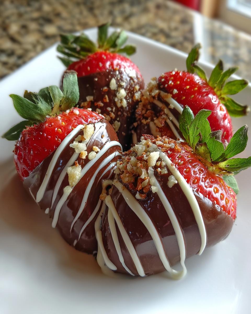 A plate of decadent Chocolate Covered Strawberries, some drizzled with white chocolate and others sprinkled with nuts.