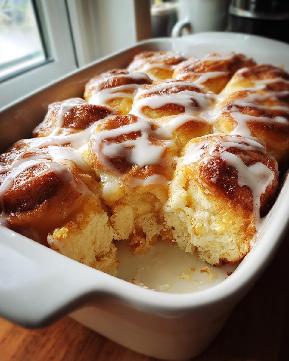 Freshly baked cinnamon rolls with white icing in a white baking dish, showcasing a Cinnamon Roll Hack.