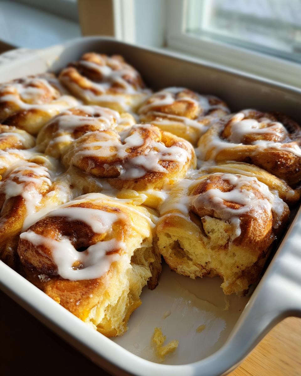 Freshly baked cinnamon rolls with icing in a baking dish, showcasing a Cinnamon Roll Hack.