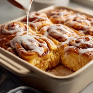 Freshly baked cinnamon rolls being drizzled with icing, showcasing a cinnamon roll hack.
