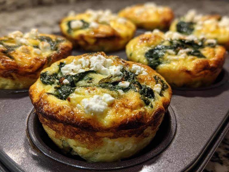 Baked Cottage Cheese Egg Cups With Spinach & Feta in a muffin tin, topped with feta cheese.