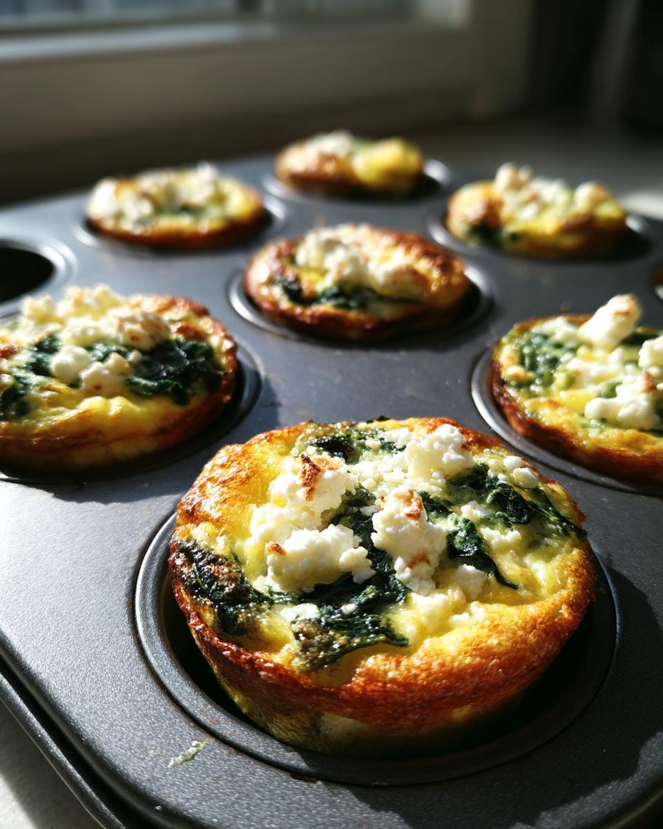 Freshly baked Cottage Cheese Egg Cups With Spinach & Feta in a muffin tin, ready to eat.