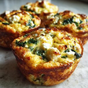 Four Cottage Cheese Egg Cups With Spinach & Feta, golden brown and ready to eat.