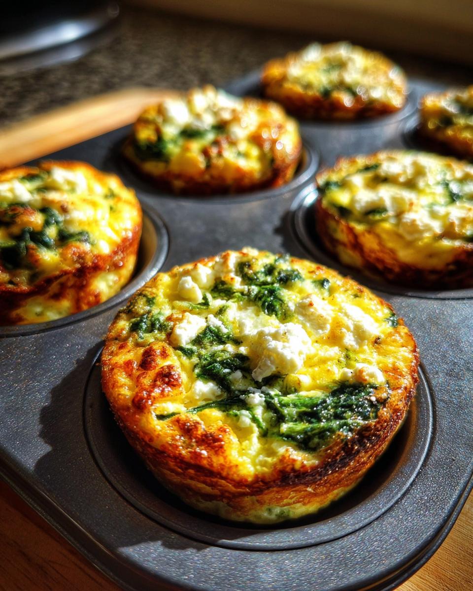 Baked Cottage Cheese Egg Cups With Spinach & Feta in a muffin tin, ready to eat.