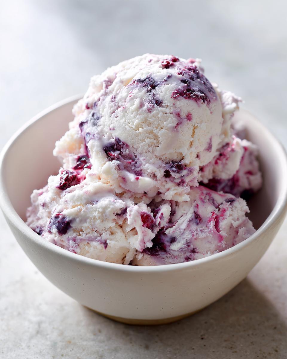 A bowl of creamy cottage cheese ice cream swirled with fresh mixed berries, ready to eat.