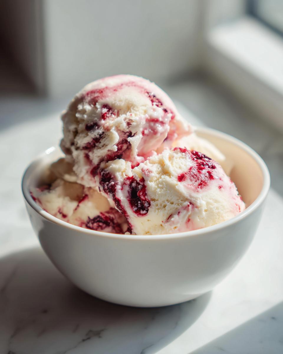 A white bowl filled with creamy cottage cheese ice cream swirled with red berry sauce.