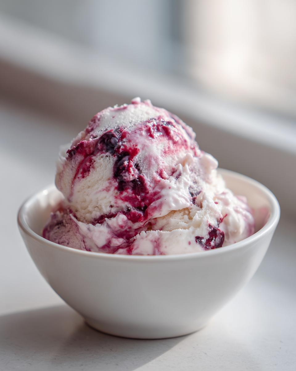 A bowl of creamy cottage cheese ice cream with a swirl of mixed berries.