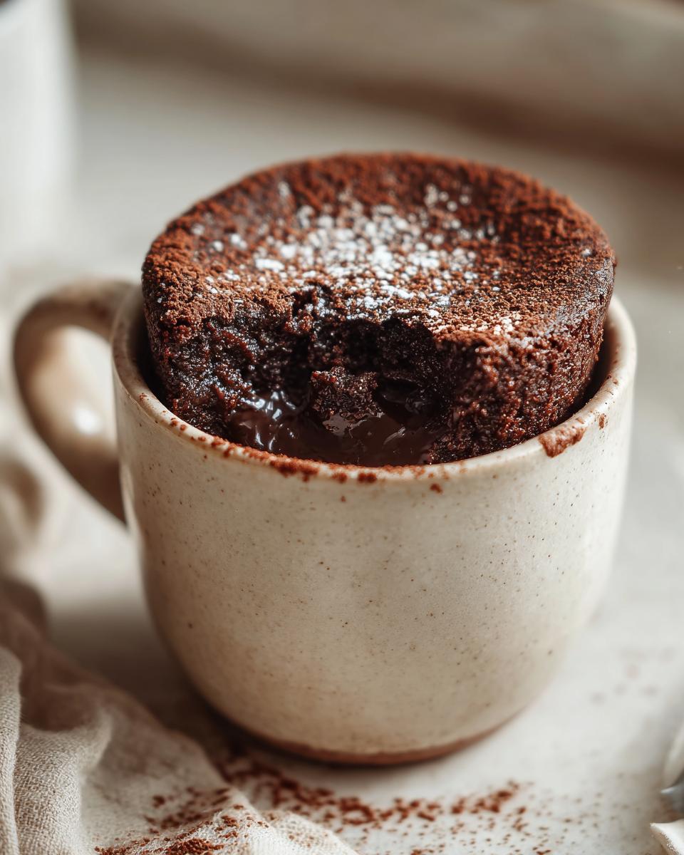 Close-up of a Cottage Cheese Microwave Brownie in a mug, dusted with cocoa powder and powdered sugar.