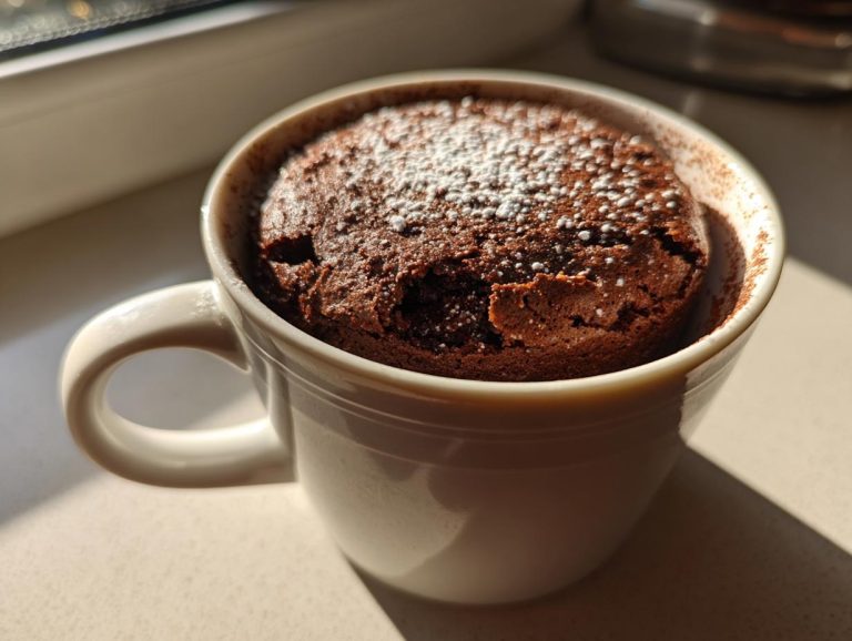 A freshly baked Cottage Cheese Microwave Brownie in a white mug, dusted with powdered sugar.