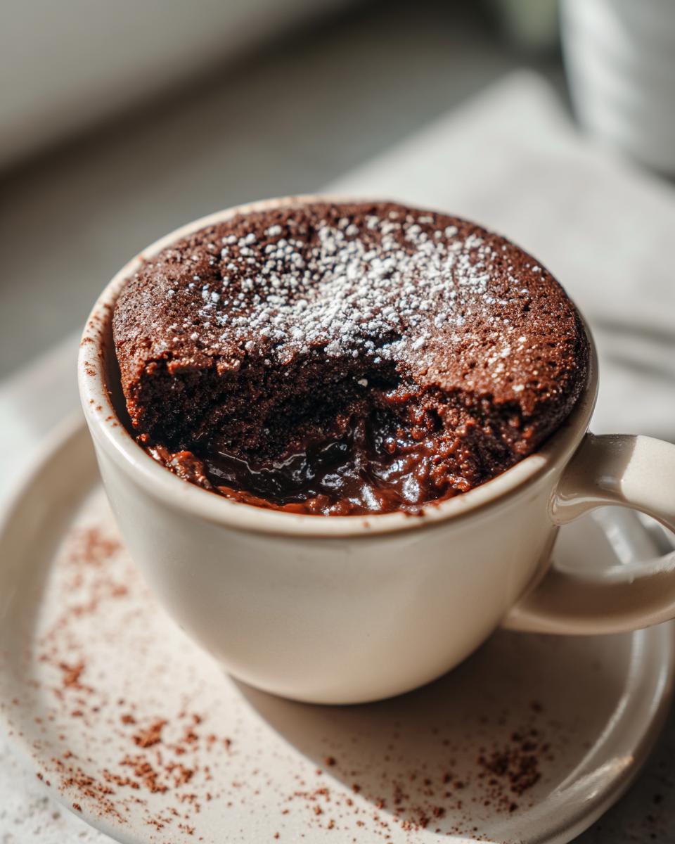 A delicious Cottage Cheese Microwave Brownie in a mug, topped with powdered sugar.